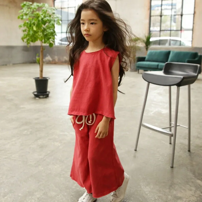 От 2 до 16 лет летняя одежда для девочек комплект дети девочки без рукавов жилет топ широкие брюки 2 шт. Повседневная подростковая одежда для девочек RT412 - Цвет: red