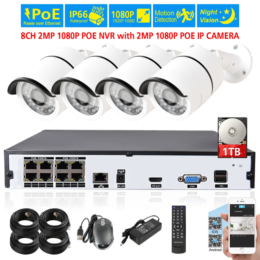 48 В POE 1080 P NVR CCTV Системы 4 шт. 2.0mp Открытый IP Камера 36 xLEDs 8ch регистраторы видео