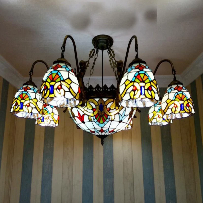 6 head 38inches High quality Living room bedroom Pendant Lights Baroque style Multicolored Glass Tiffany LAMP