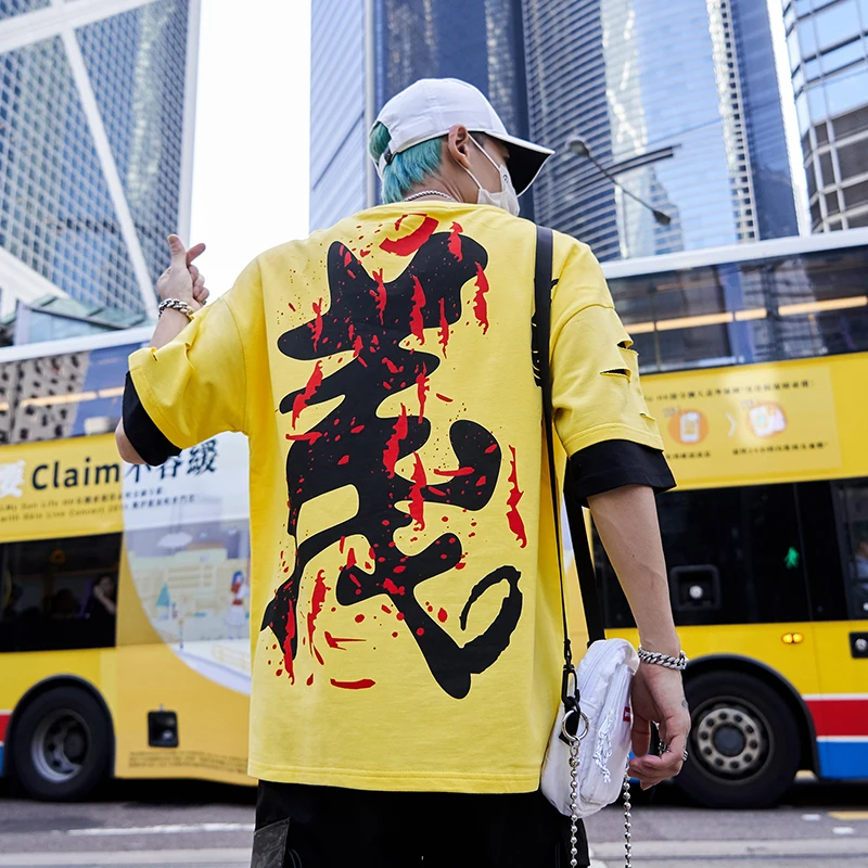 

Chinese characters printing T shirt Fashion O-Neck Slim Fit Short summer Hip Hop Male Slim Tees Tops Clothing