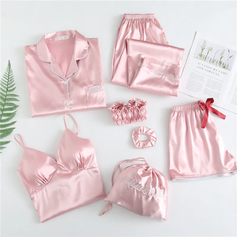 

Pink Satin Pyjamas Womens 2019 New Fashion Home Clothing Sexy Silk 7-piece set Summer Shorts Pjs Sleeping Suit Girl Pajama Sets
