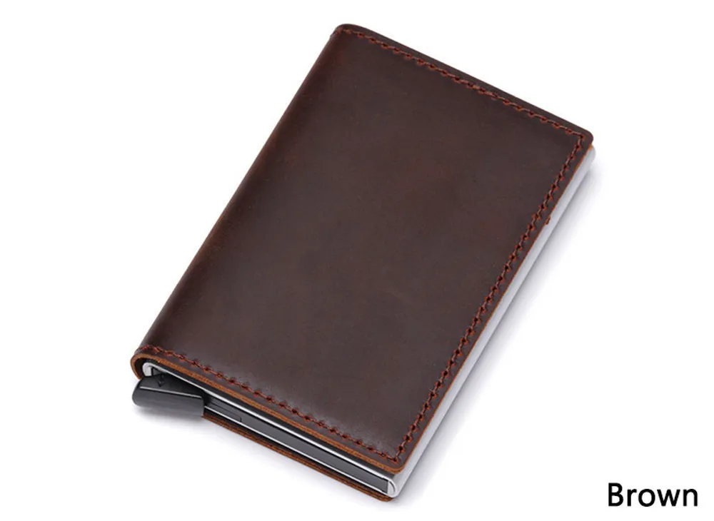 VM Мода KISS RFID Блокировка натуральная кожа Алюминиевый металлический бизнес ID Slim тонкий чехол для карт мини кошелек для мужчин - Цвет: brown