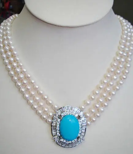 

very good Quartz stone 3Row White Pearl Turquoise/ green Jade Pendant Wedding Necklace 18K gold plated wholesale Quartz stone cr