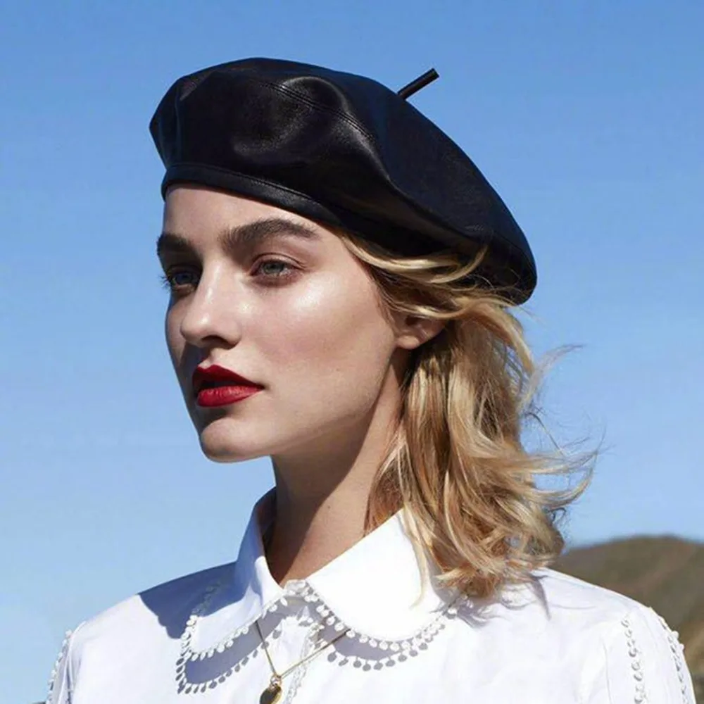 luxury fashion autumn winter black pu leather beret hats luxury fashion autumn winter black pu leather beret hats