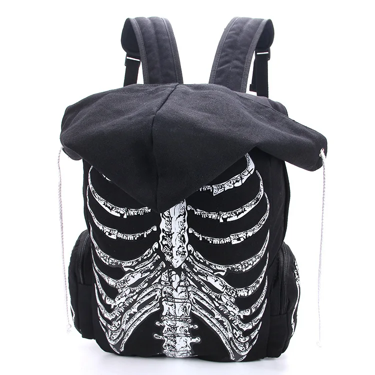 

hot sale hooded canvas backpack skeleton print personality out-door rucksack shoulder bag