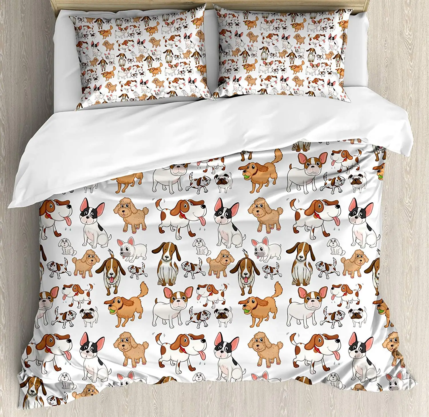 

Dog Lover Duvet Cover Set Cartoon Style Chihuahua Terrier Bulldog and Beagle Funny Characters Purebred Pets 3pcs Bedding Set