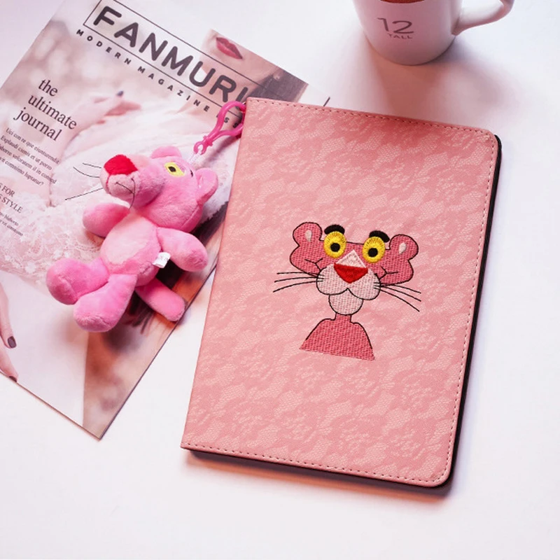

Smart Wake Leather Case For iPad mini 1/2/3 mini 4/5 7.9" 3D Embroidered Pink Panther Kids Tablet Cover with Doll Plush+Gifts
