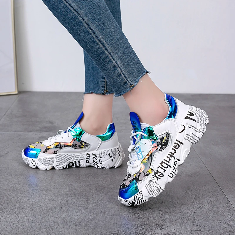 

2019 New Spring Female Thick Bottom Sneakers Mixed Colors Round Toe Platform Shoes Women Flats Casual Shoes Ladies Shoes