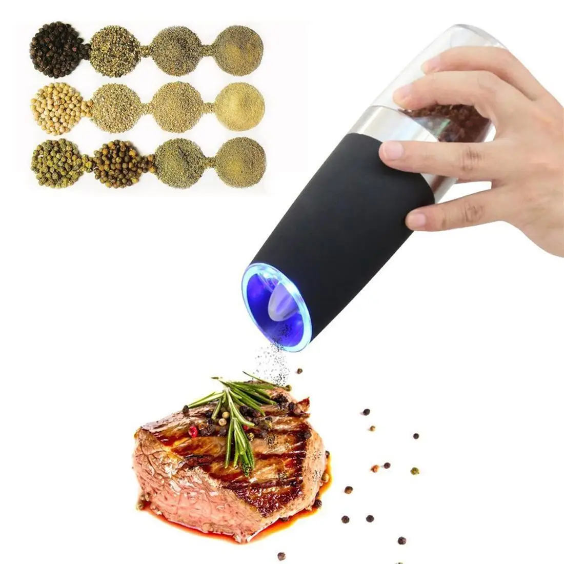 Set of 2 Electric Gravity Pepper& Salt Grinder with LED Light Automatic Adjustable Pepper Spice Mill Kitchen Grinding Tools