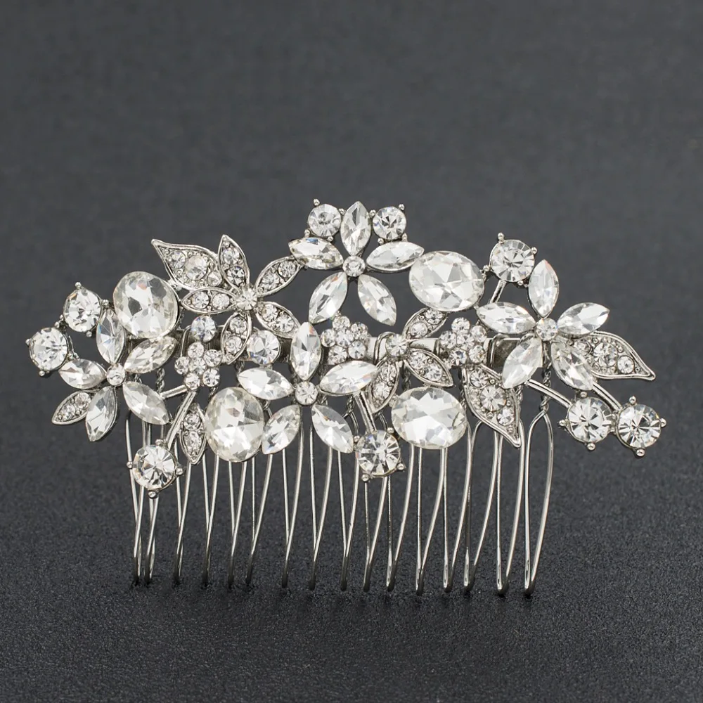 Silver Tone Rhinestone Crystals Leaves Wedding Bridal Hair Side Comb