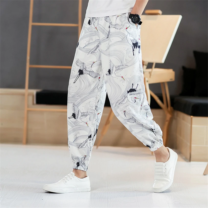 Harajuku Crane Printed Man Pants Japanese Fashion Style Summer Casual Beach Wear Loose Wide Leg Trousers Kimono Streetwear