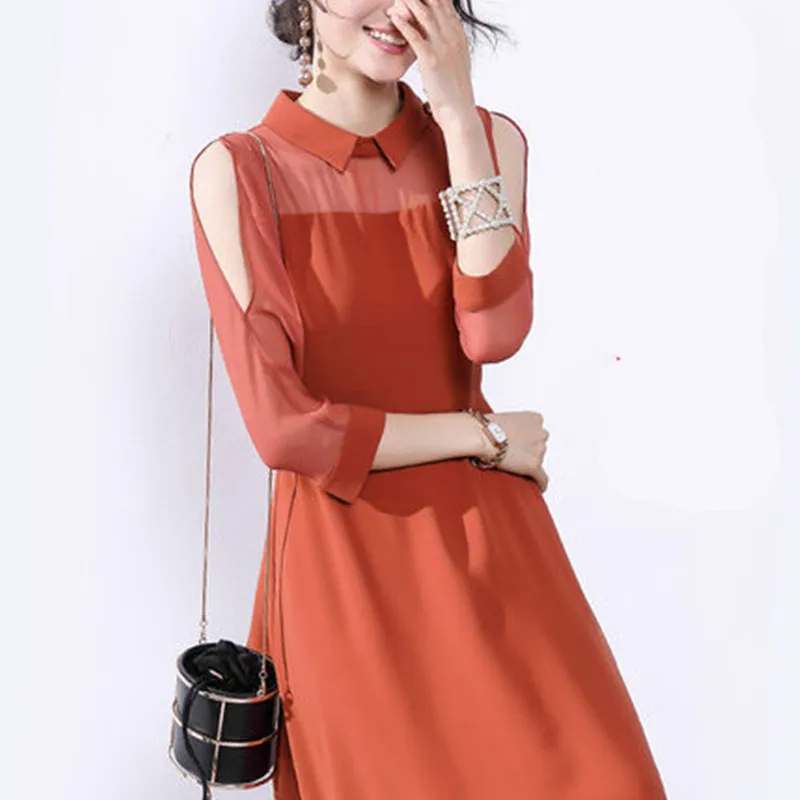 

Spring New 2019 Women Sweet Peter Pan Collar Midi Dress Women Three Quarter Sleeve A-Line Dresses Black Pumpkin Color Vestidos
