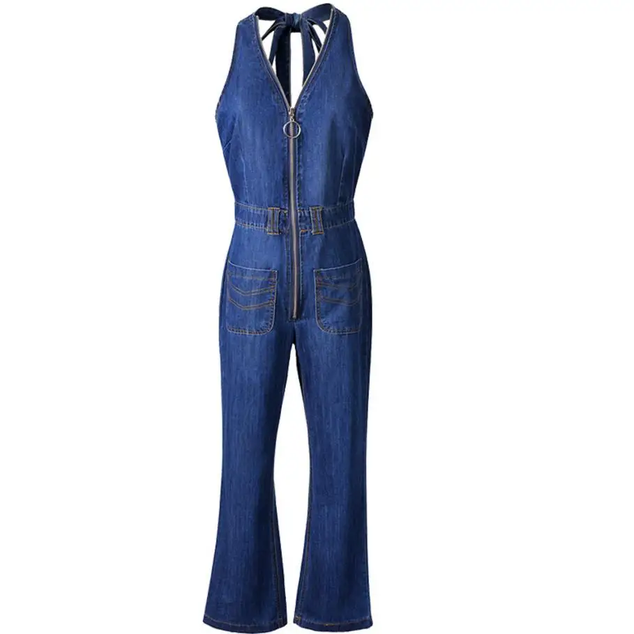 V neck Halter Bodycon Jumpsuit Backless Women Denim Overall Romper