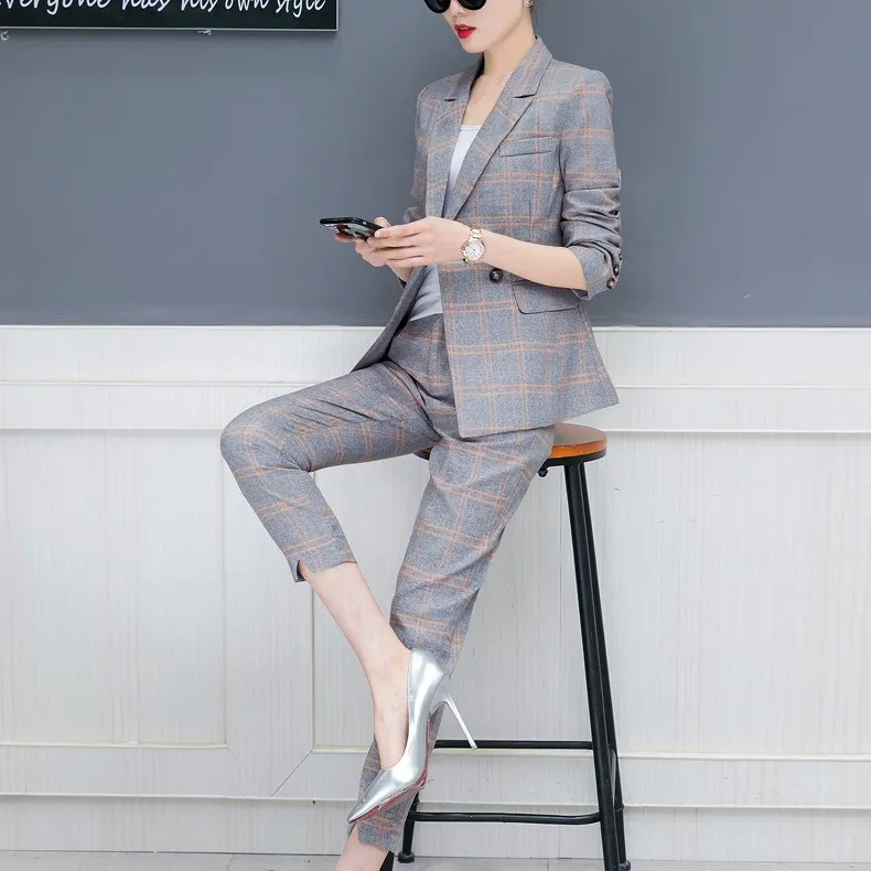 2018 Autumn New Women Plaid 2 Piece Sets Irregular Blazer  Straight Pant Office Outfits Notched Fashion Work Pant Suits