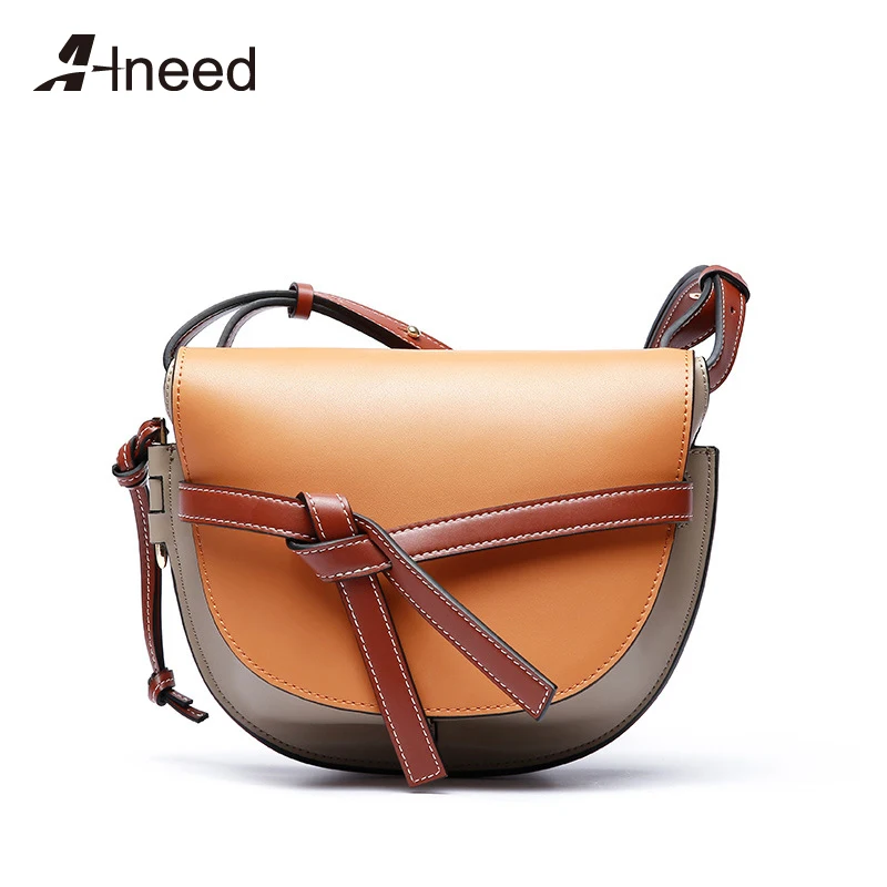 

ALNEED 2018 Fashion Patchwork Saddle Bag Small Genuine Leather Crossbody Bag for Women Knot Belt Shoulder Messenger Bag Tote