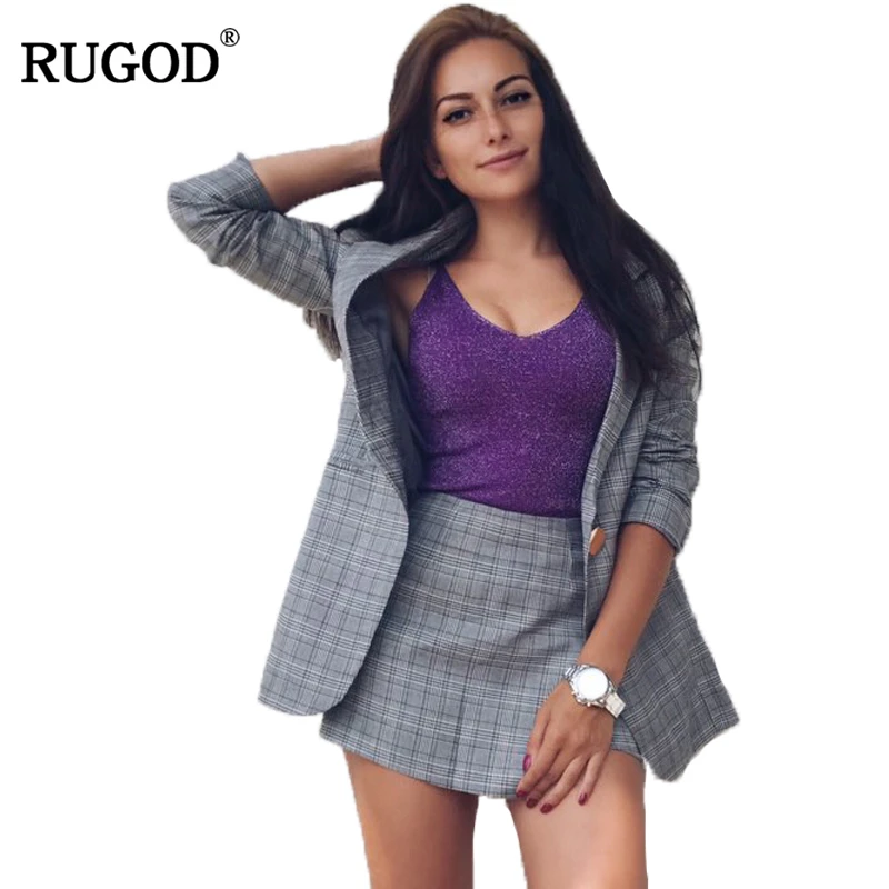 RUGOD Модный комплект из двух предметов длинный абзац клетчатый костюм куртка нерегулярная юбка брюки костюм 2018 одна пуговица 2 шт. комплект