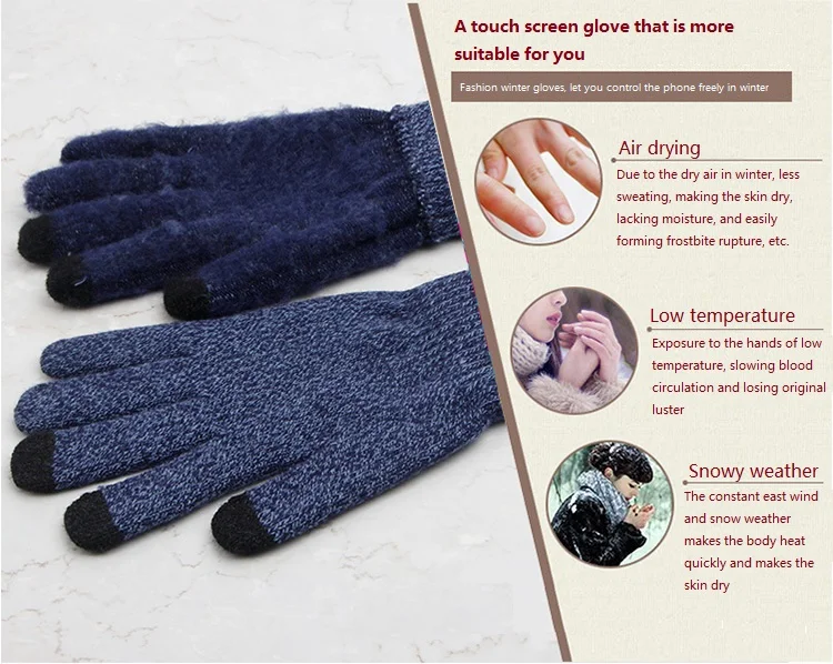 Зимние перчатки для сенсорного экрана женские мужские теплые стрейч вязаные рукавицы Имитация шерсти полный палец вязаные перчатки для сенсорного экрана
