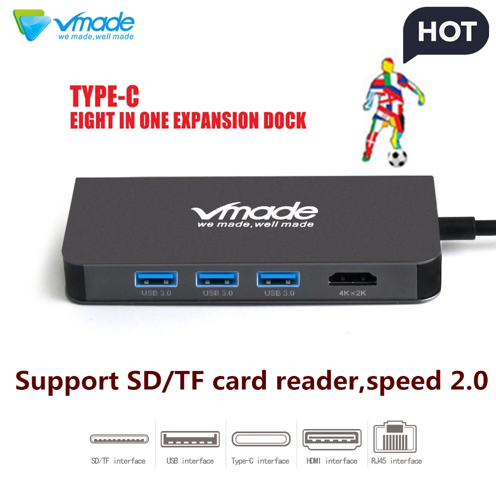 

Vmade Type-c USB HUB 8 in 1 USB multifunction docking station support RJ45 1000M to connect U disk TF/SD card mouse keyboard HUB