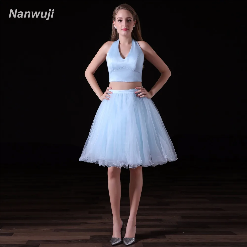 

Sky Blue 2018 Homecoming Dresses A-line V-Neck Two Pieces Tulle Beaded Lace Sparkly Short Cocktail Dresses