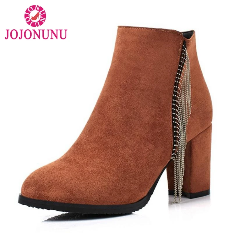 

FITWEE Size 30-43 Women High Heels Ankle Boots Winter Warm Fur Shoes Woman Zipper Fringe Short Boots Mature Ladies Footwear