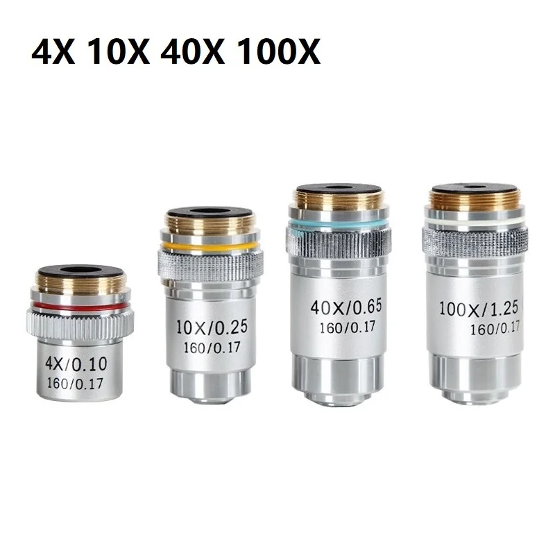 4X 10X 20X 40X 60X 100X ахроматический объектив 195 мм сопряженное фокусное расстояние HD DIN для Биологический микроскоп 160/0. 17 - Цвет: 4X 10X 40X 100X