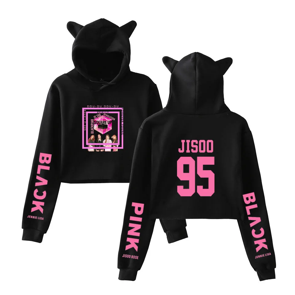 BLACK0 BLACKPINK Kpop модные повседневные толстовки с капюшоном с принтом модные вентиляторы сексуальные толстовки для девочек толстовки с кошачьими ушками женские с длинным рукавом - Цвет: BLACK0