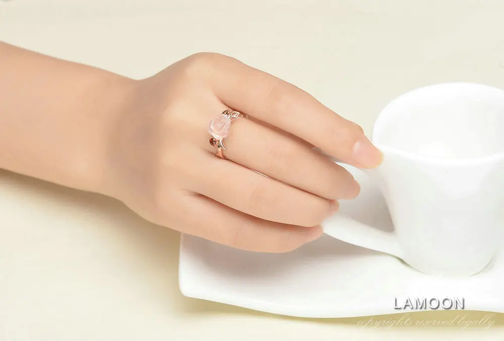 LAMOON Engagement Rings for Women Rose Flower 100% Natural Pink Romantic Rose Quartz 925 Sterling Silver Fine Jewelry Anel RI025 18