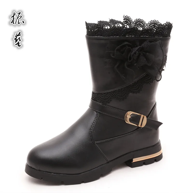 

2018 Girls Winter Rubber Boots For Kids Children Lace Floral Bow-knot With Pearl Pendant Dots Sweet Princess Warm Cotton Boots