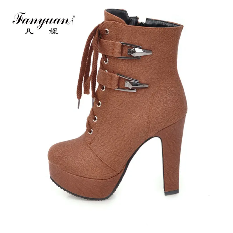 

Fanyuan 2018 New Fashion Women Ankle Boots Platform Short Sexy High Heels Shoes Women Short Buckle Boots Lace Up Botines Mujer