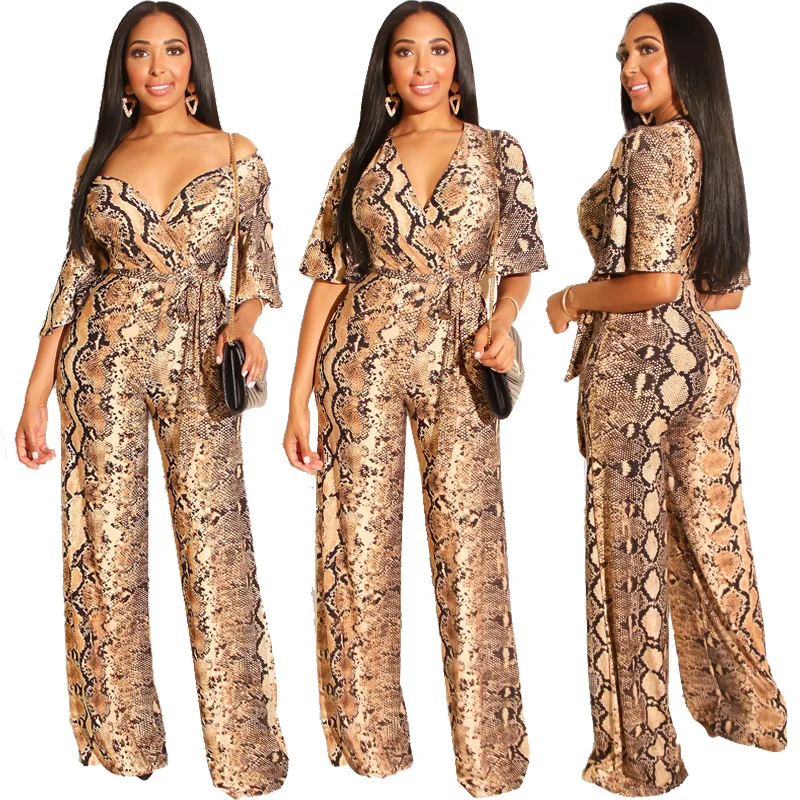 

Fashion Women Summer Sexy Streetwear Jumpsuit Female Snake Print Rompers Pack Hip Bodysuit Women Wide Loose Leg Pants Jumpsuit