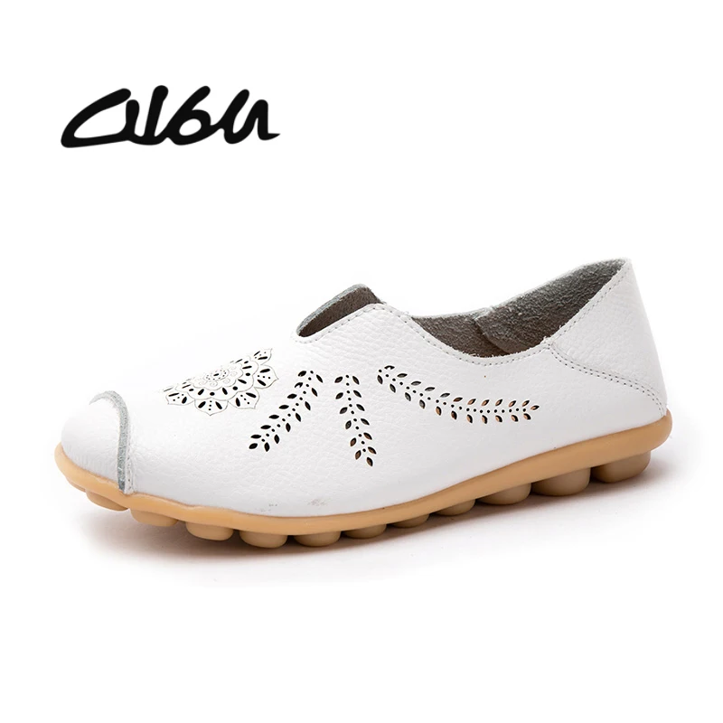 

O16U Women Ballet Flat Shoes Slip on Ballerina Loafers Leather Ladies Cut-out Moccains Totem Floral Casual Walking Soft Shoes