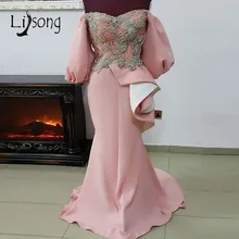 Pink Mermaid Evening Dresses Puffy Full Sleeves Sparkle Crystal Off Shoulder Prom Gowns Ruffles Plus Size Vestidos De Festa