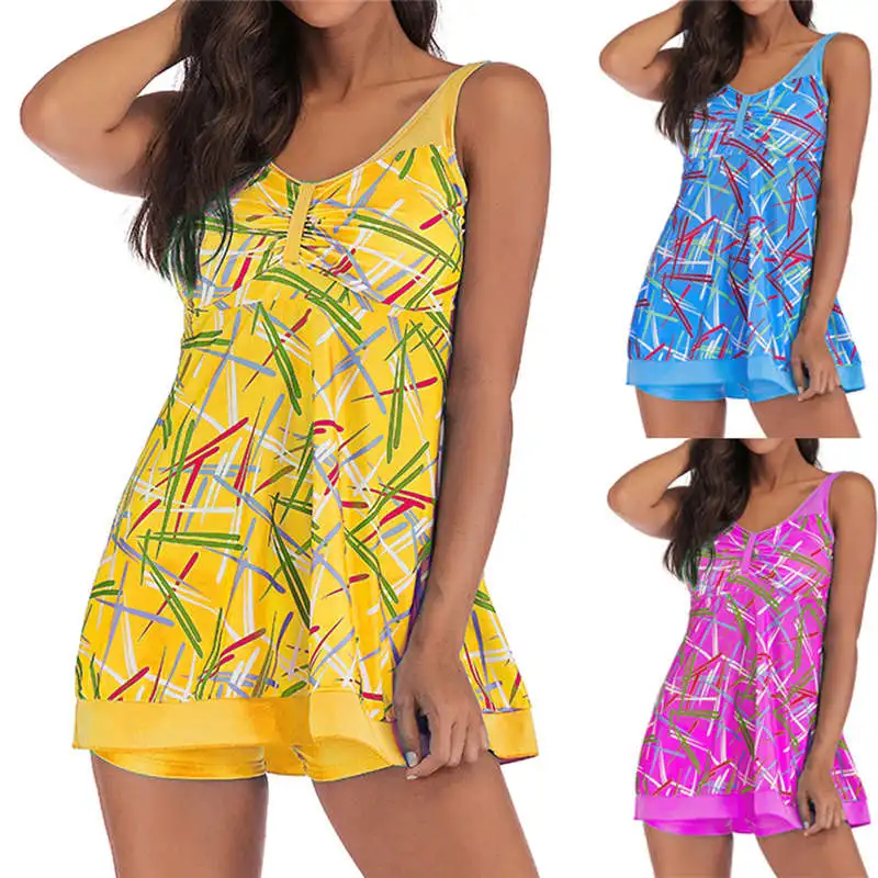  Women Plus Size Gradient Tankini Swimjupmsuit Swimsuit Beachwear Padded Swimwear Women Two Piece Swimsuit With Skirt J17# (1)