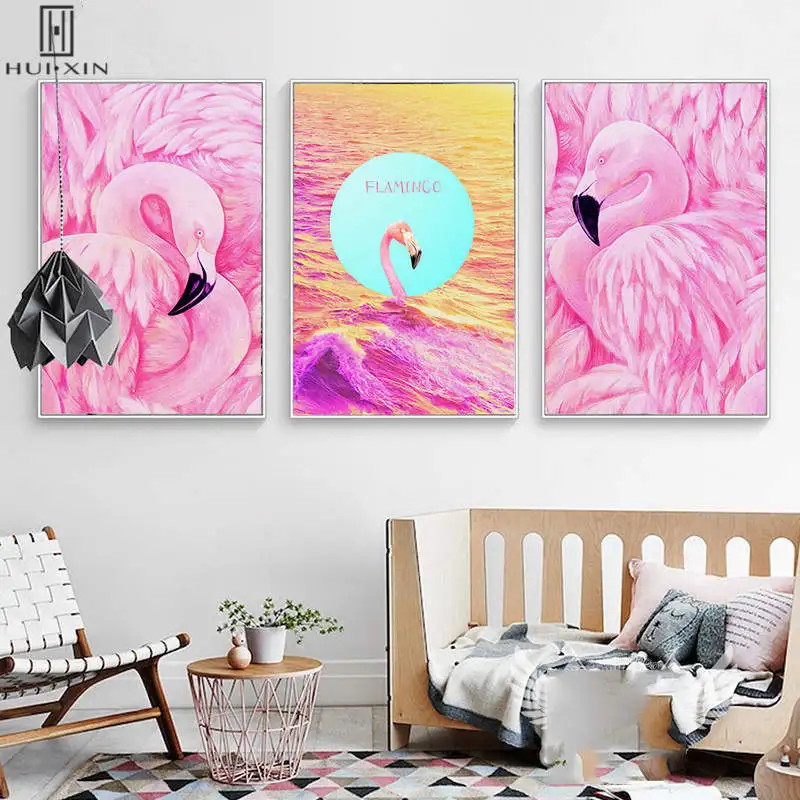 

Fantastic Oecanside Landscape Bright Pink Flamingo Decorative Canvas Paintings For Room Restarunt Decor Video OOTD Background