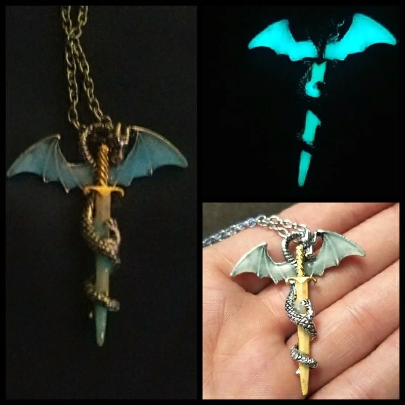 

Game of Throne Dragon Sword Punk Luminous Necklace Dragon Sword Pendants Necklaces GLOW in the DARK Dragon Amulet Necklace 30