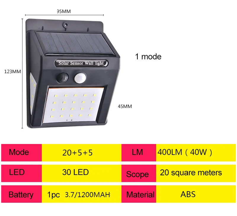 20 Вт, 30 Вт, 48 светодиодный солнечный светильник на открытом воздухе украшения сада лампа движения PIR Сенсор Ночной Настенный фонарь безопасности Водонепроницаемый - Испускаемый цвет: 30led 3 sides 1 mode