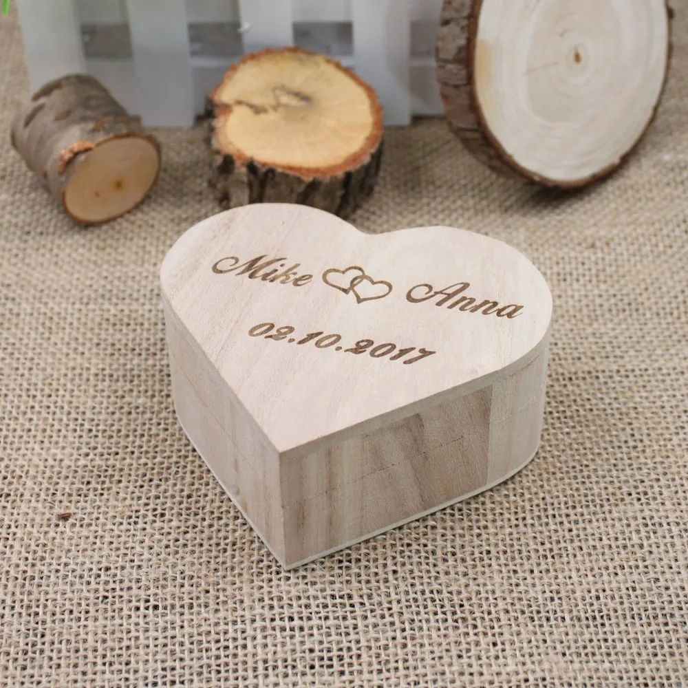 Personalized Gift Rustic Wedding Heart Shape Ring Bearer Box Custom Your Names and Date Engrave Wood Wedding Ring Box