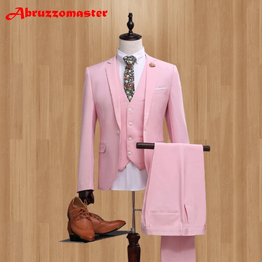 Новинка, приталенный мужской костюм с зазубренными лацканами, светло-розовый свадебный смокинг Terno Masculino для мужчин(куртка+ жилет+ брюки