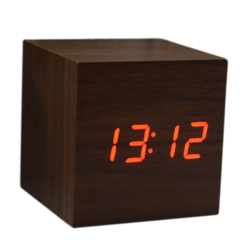 Wood Cube LED Alarm Control Digital Desk Clock Wooden Style Room Temperature Brown wood Red led