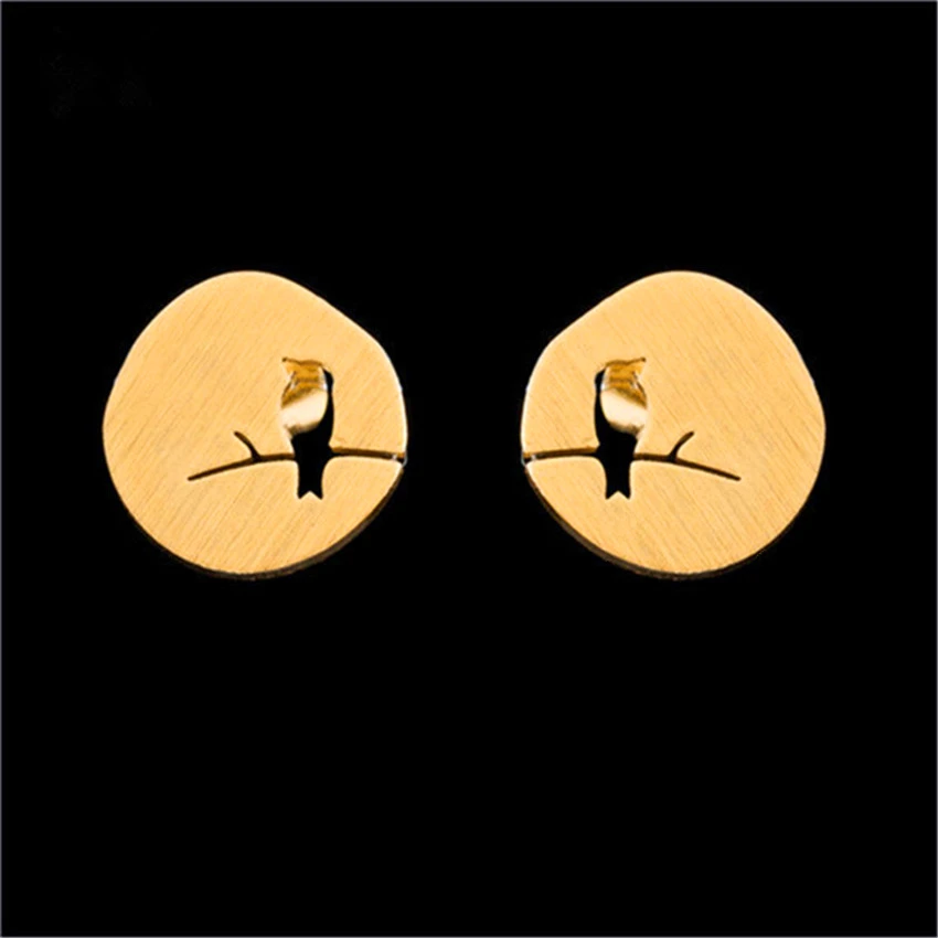 

Cute Bird on Branch Stud Earrings For Women Animal Jewelry Gold Silver Geometric Round Ear Studs Stainless Steel Brincos 2018