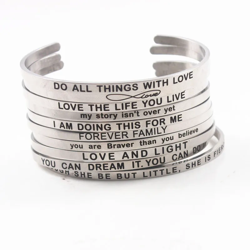 

Silver 4MM 316L Stainless Steel Engraved Positive Inspirational Quote Cuff Bracelet Personalise Mantra Bangle for Women Men Gift