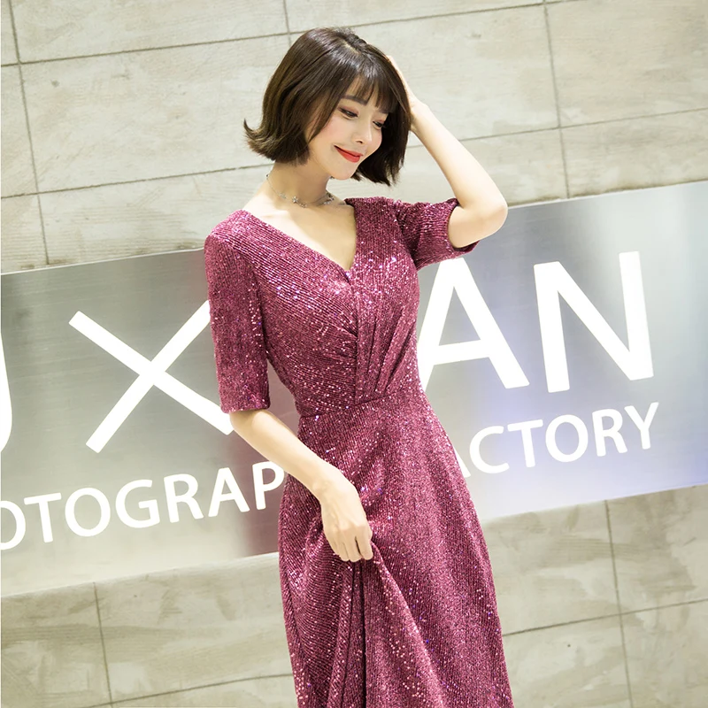 Robe De Soiree YIDINGZS Новое Элегантное Длинное Вечернее Платье Темно-розовое вечернее платье Настоящее простое