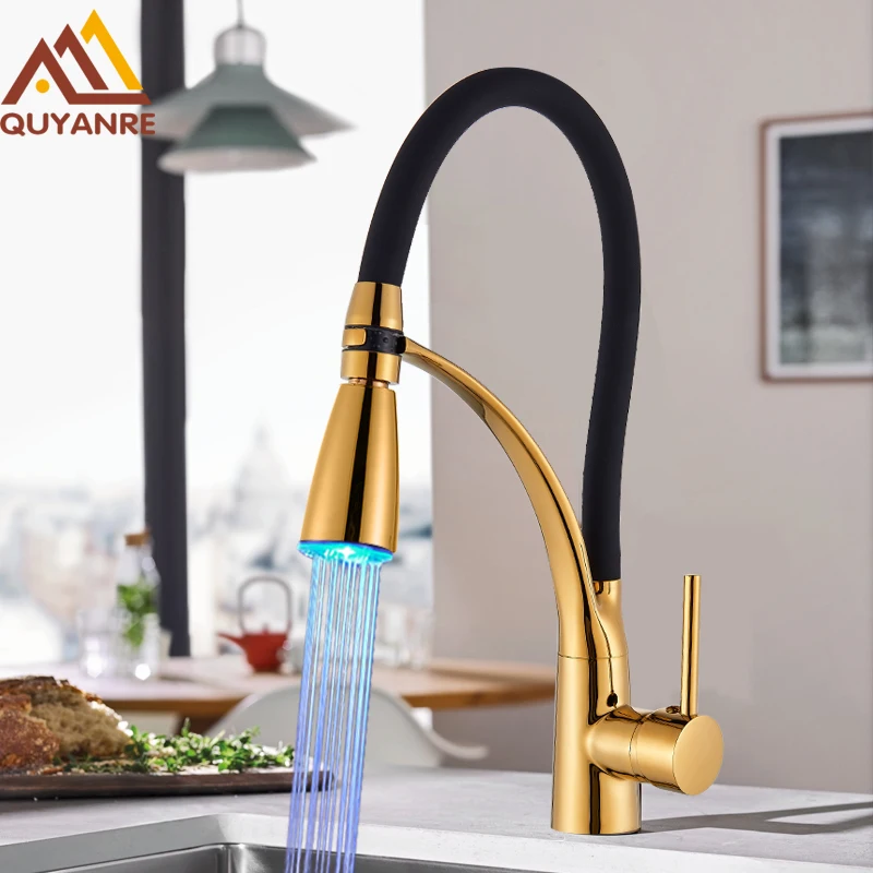 

Quyanre Golden Black LED Changes Kitchen Faucet Pull Down LED Spray Hot Cold Single Handle Mixer Tap 360 Rotation Kitchen Tap