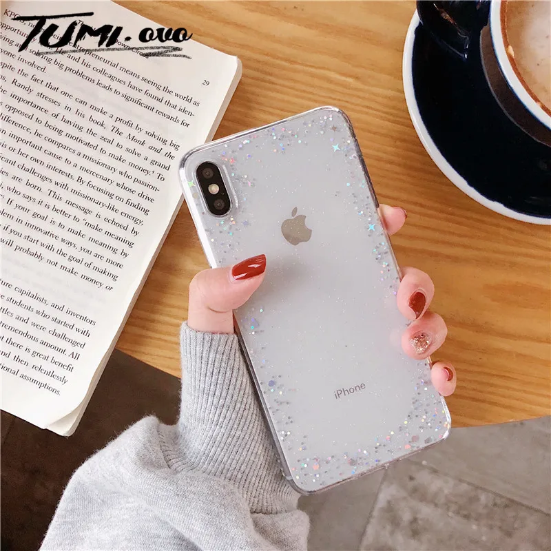 

Simple Transparent Star Bling Glitter Back Phone Cover For iPhone 6 6S 7 8 Plus X Xr Xs Max Soft TPU Phone Case Silicon Cover