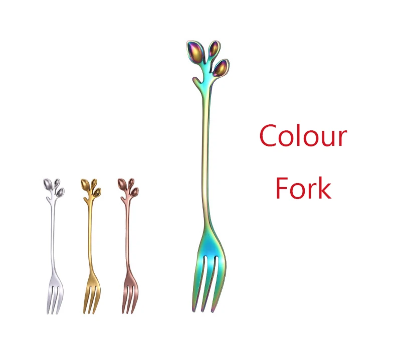 Colour fork YUJIE 4 цвета мини лист из нержавеющей стали рога ложка для размешивания кофе Десерт чайная ложка, вилка для фруктов подарок специальная посуда - Цвет: Colour fork