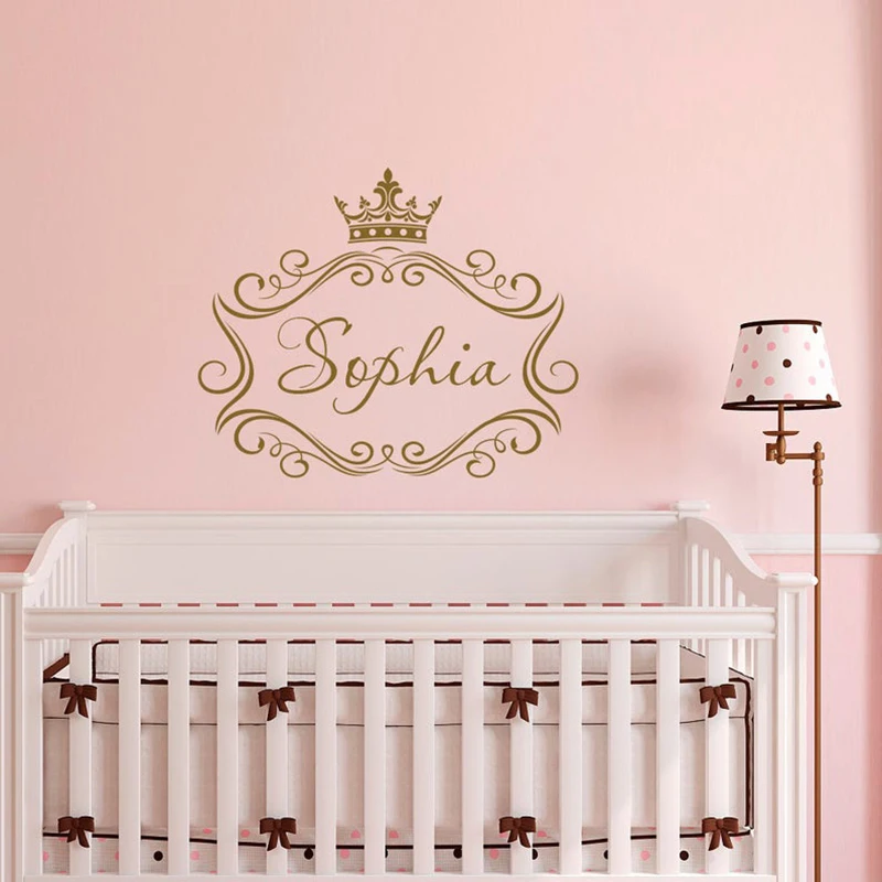 

Name Vinyl Wall Decal Girl Personalized Princess Crown Frame Custom Decal Nursery Kids Baby Girls Room Bedroom Decor A1-059
