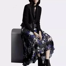 2 шт., женское платье, костюмы, v-образный вырез, длинные оборки, Ретро стиль, цветочный принт, платье и соединенный черный блейзер, рабочая одежда, костюм NS134