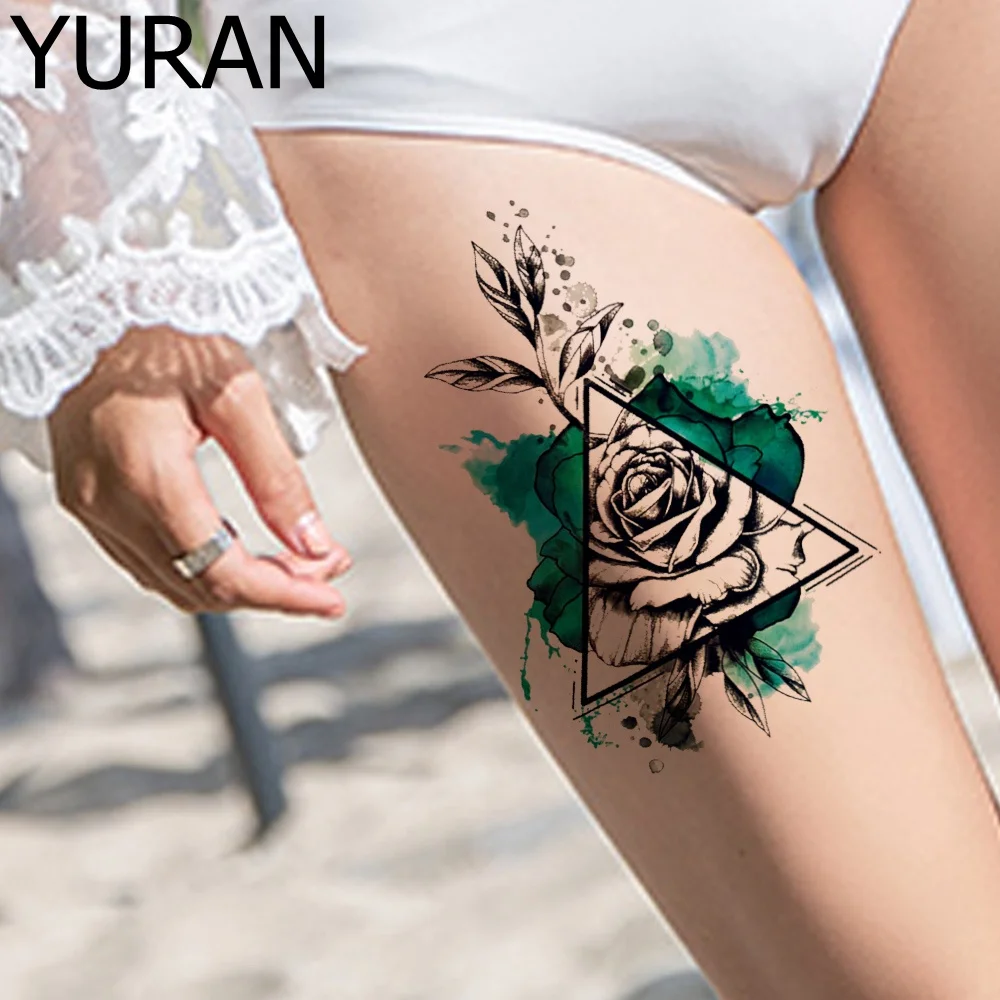 

3D Temporary Tattoos Stickers Women Body Legs Sexy Geometric Rose Tatoos Fake Lotus Girls Arm Flower Tattoo Water Transfer Paste