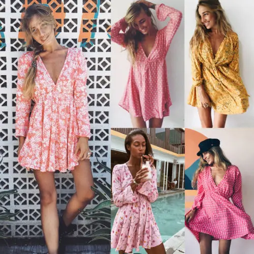 Летние Для женщин цветочные длинным рукавом платье мини Повседневное Boho