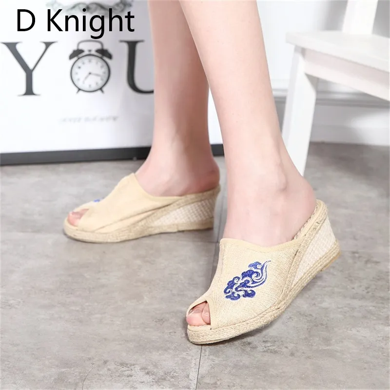 Ethnic Floral Embroidered Women's Open Peep Toe Wedge Canvas Slippers Summer Retro Lady Casual Linen Slide Shoes Plus Size 34-40 (5)